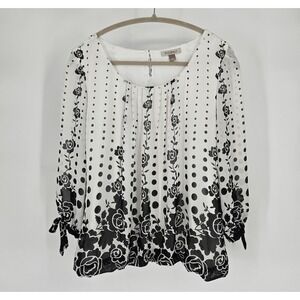 Roz & Ali Womens Floral Polka Dot Blouse Black White Tie Sleeve Top Large